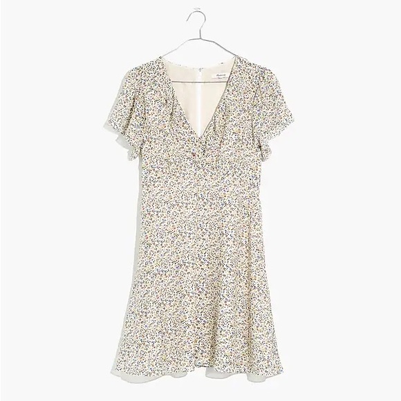 Madewell Floral Ruffle Neck Lined Short Sleeve Mini Dress Size 0 - Picture 2 of 10